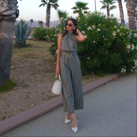 Retro Stage Pants - Green and white Polka dot belt jumpsuit
